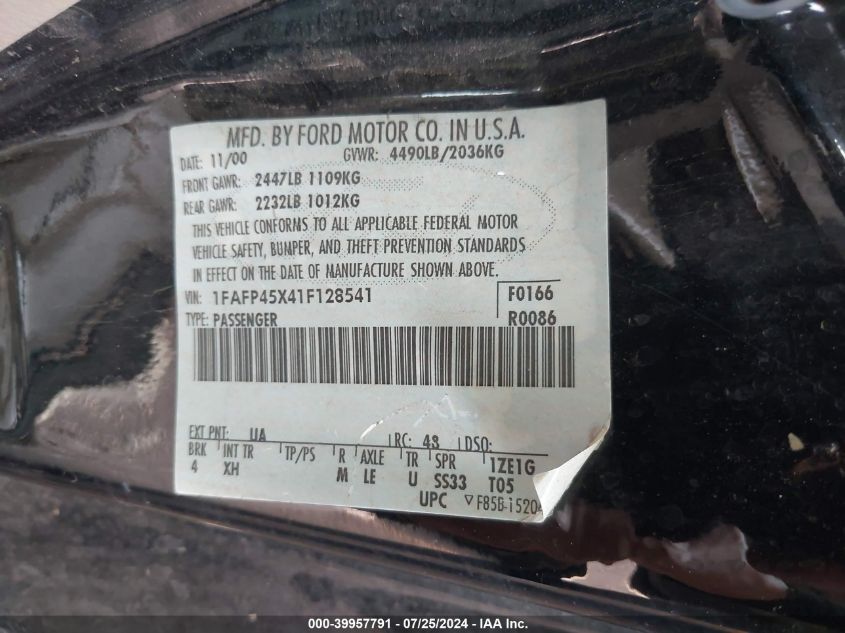 2001 Ford Mustang Gt VIN: 1FAFP45X41F128541 Lot: 39957791