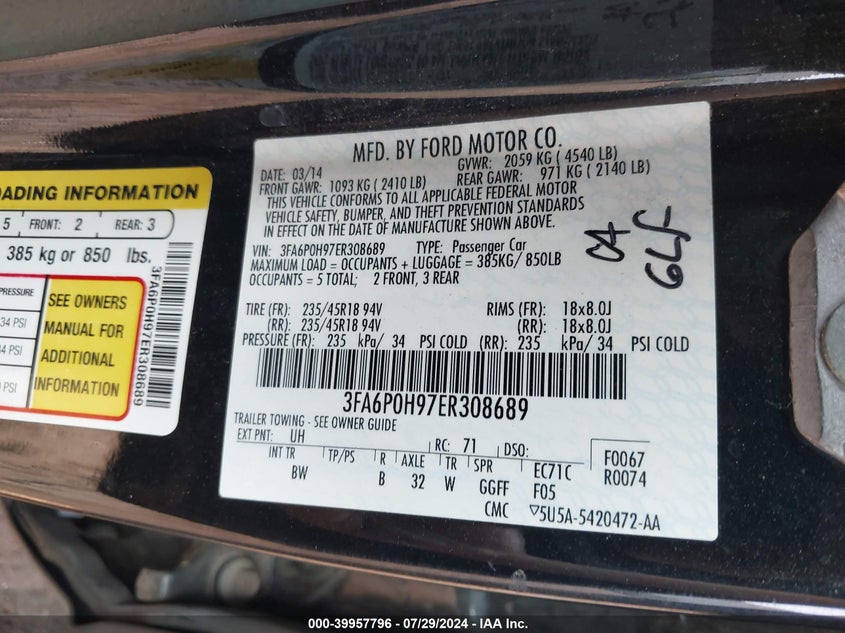 2014 Ford Fusion Se VIN: 3FA6P0H97ER308689 Lot: 39957796