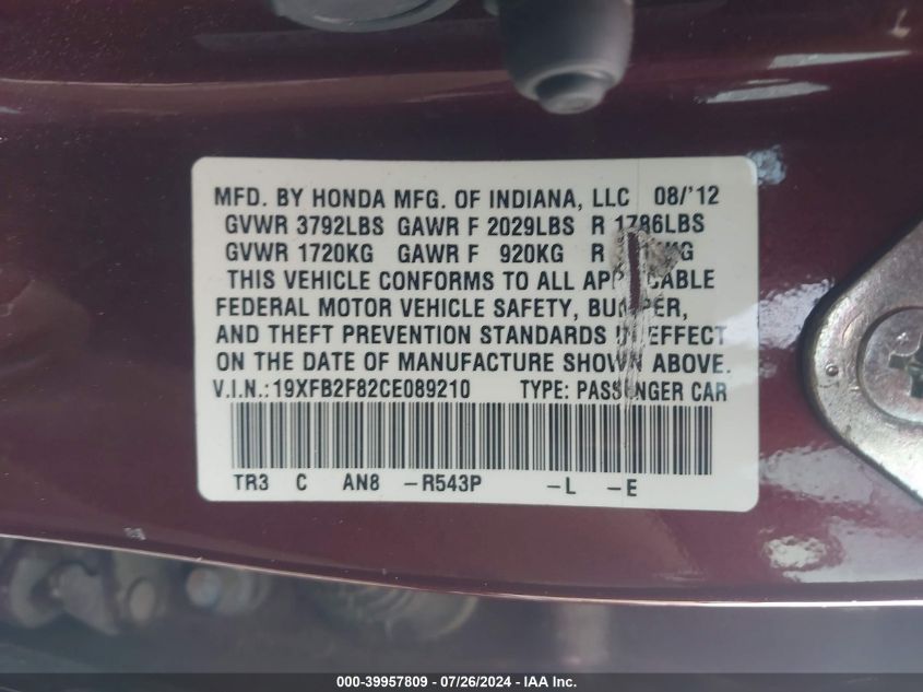 2012 Honda Civic Ex VIN: 19XFB2F82CE089210 Lot: 39957809