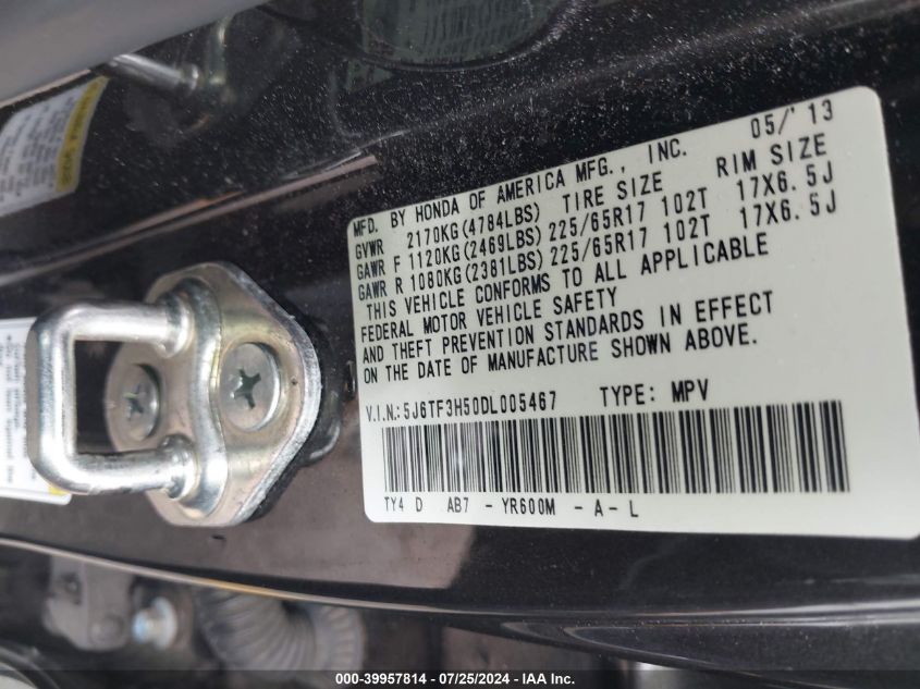 2013 Honda Crosstour Ex-L VIN: 5J6TF3H50DL005467 Lot: 39957814