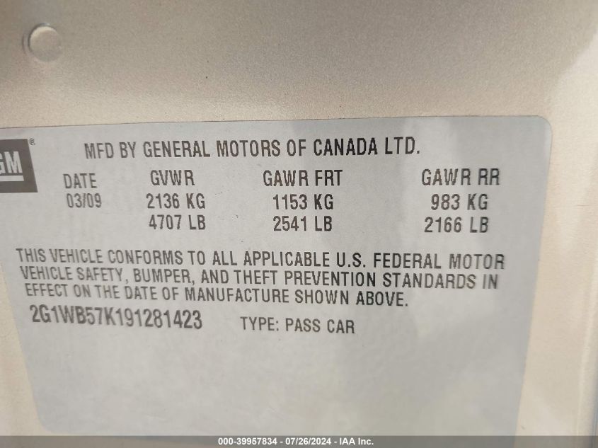 2009 Chevrolet Impala Ls VIN: 2G1WB57K191281423 Lot: 39957834