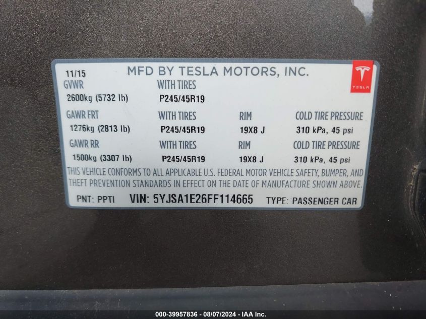 2015 Tesla Model S 70D/85D/P85D VIN: 5YJSA1E26FF114665 Lot: 39957836