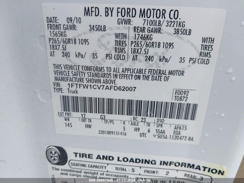 2010 Ford F-150 Fx2 Sport/Harley-Davidson/King Ranch/Lariat/Platinum/Xl/Xlt VIN: 1FTFW1CV7AFD62007 Lot: 39957845