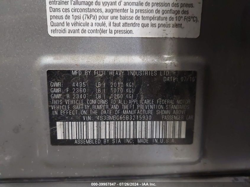 2011 Subaru Legacy 2.5I Premium VIN: 4S3BMBG65B3215930 Lot: 39957847