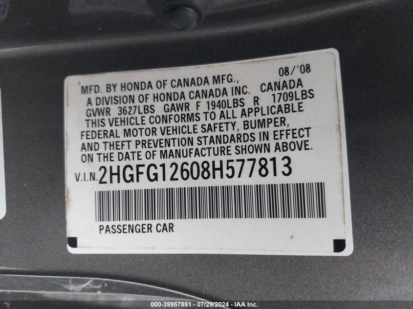 2008 Honda Civic Lx VIN: 2HGFG12608H577813 Lot: 39957851