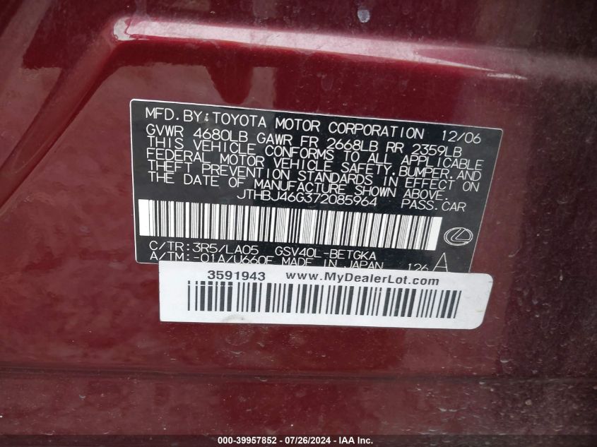 2007 Lexus Es 350 VIN: JTHBJ46G372085964 Lot: 39957852