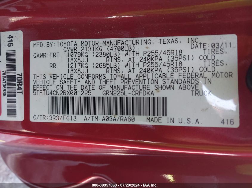 2011 Toyota Tacoma X-Runner V6 VIN: 5TFTU4CN2BX001225 Lot: 39957860