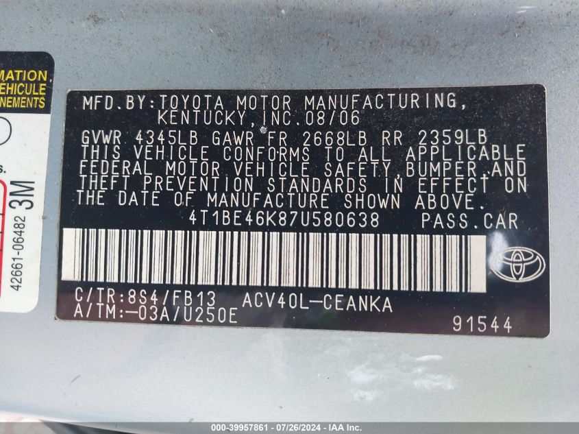 2007 Toyota Camry Ce/Le/Se/Xle VIN: 4T1BE46K87U580638 Lot: 39957861