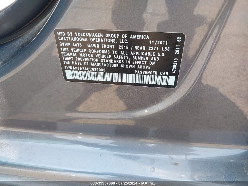 2012 Volkswagen Passat S VIN: 1VWAP7A36CC029990 Lot: 39957880