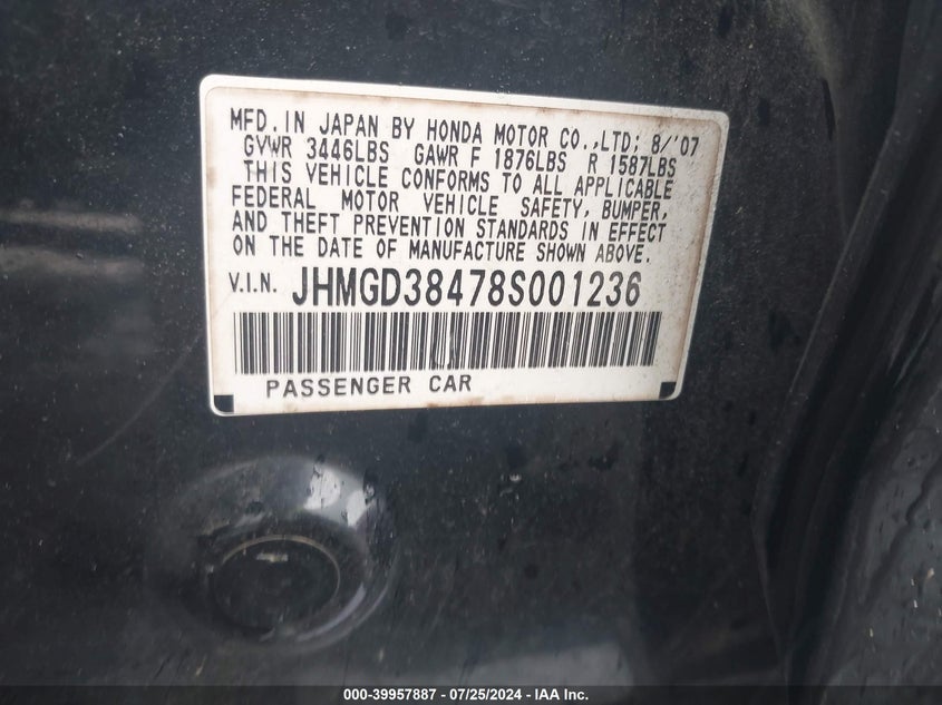 2008 Honda Fit VIN: JHMGD38478S001236 Lot: 39957887