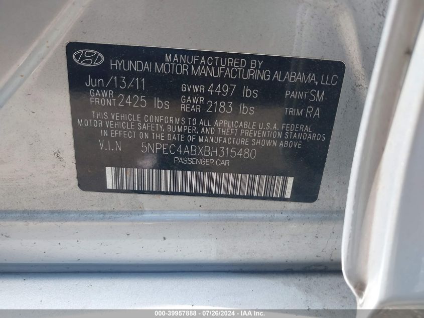5NPEC4ABXBH315480 2011 Hyundai Sonata Se 2.0T