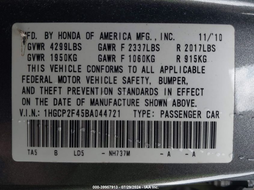 2011 Honda Accord 2.4 Lx-P VIN: 1HGCP2F45BA044721 Lot: 39957913