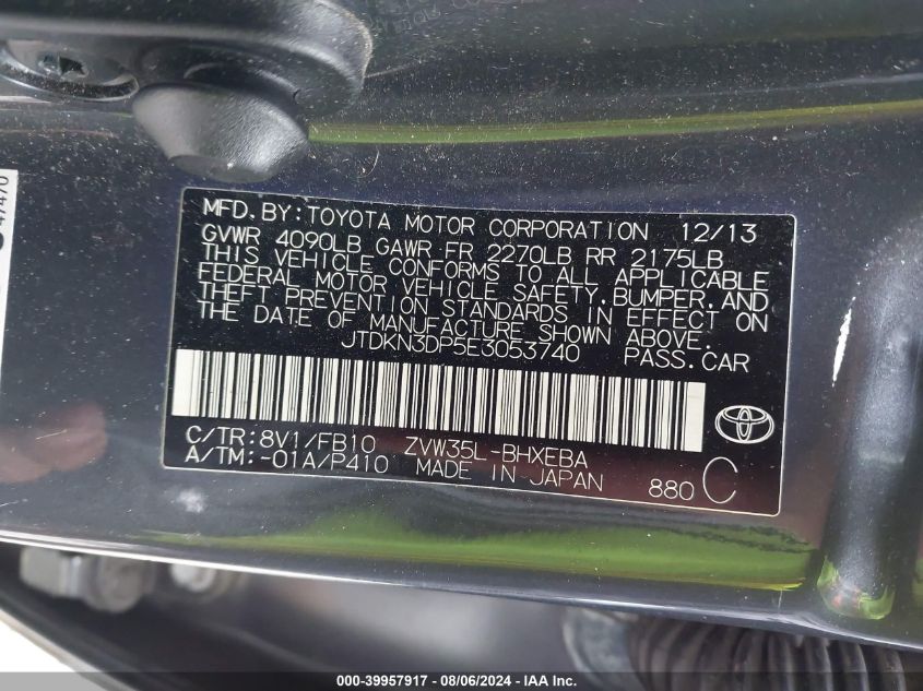 2014 Toyota Prius Plug-In Advanced VIN: JTDKN3DP5E3053740 Lot: 39957917