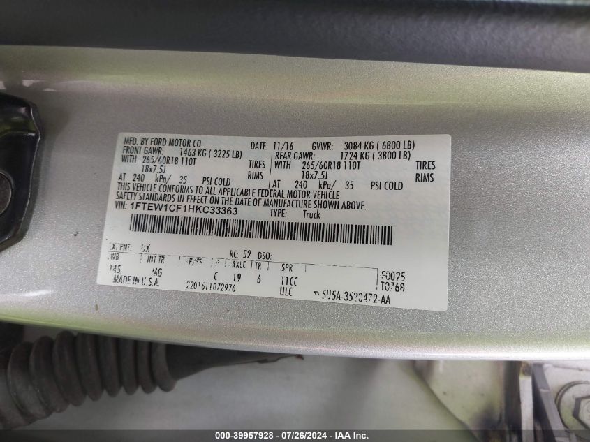 2017 Ford F-150 Xlt VIN: 1FTEW1CF1HKC33363 Lot: 39957928