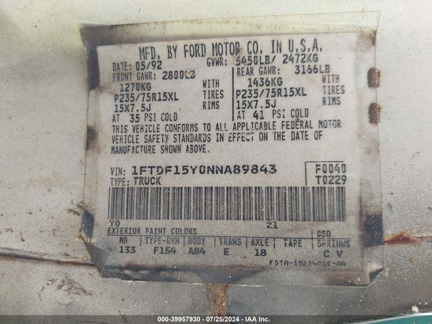 1992 Ford F150 VIN: 1FTDF15Y0NNA89843 Lot: 39957930