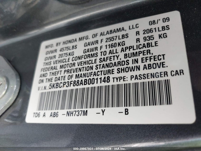 2010 Honda Accord Exl VIN: 5KBCP3F88AB001148 Lot: 39957931