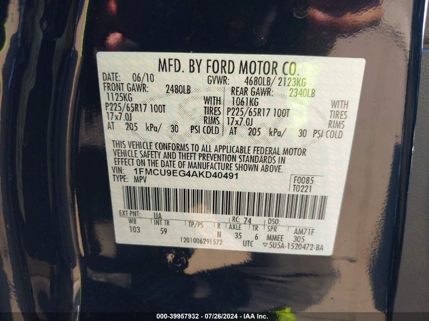 2010 Ford Escape Limited VIN: 1FMCU9EG4AKD40491 Lot: 39957932