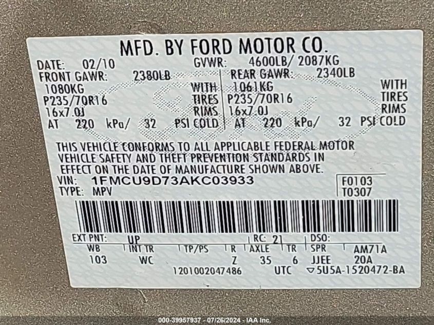 2010 Ford Escape Xlt VIN: 1FMCU9D73AKC03933 Lot: 39957937