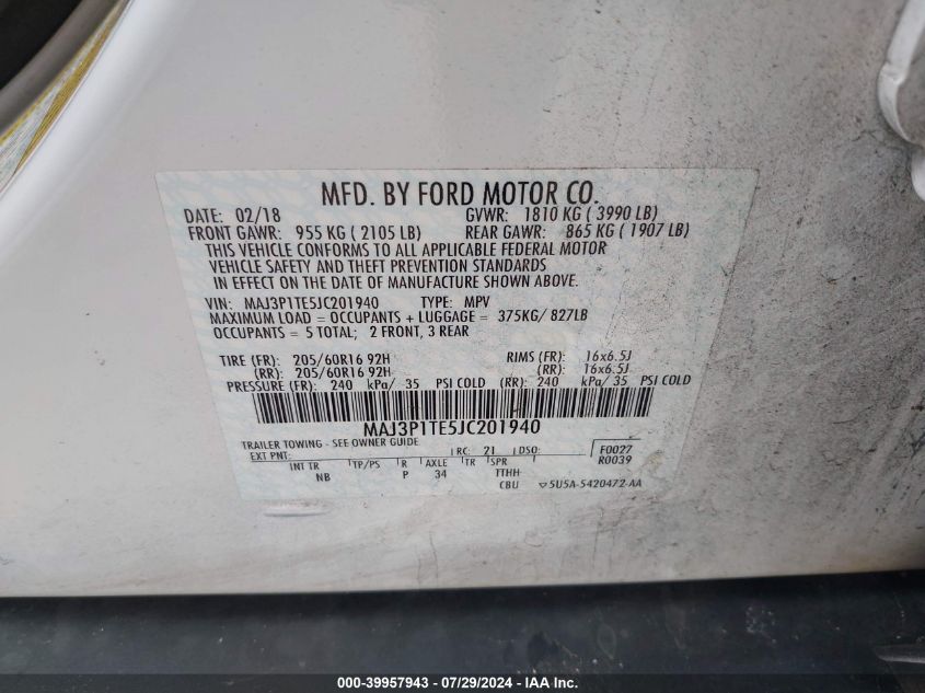 2018 Ford Ecosport Se VIN: MAJ3P1TE5JC201940 Lot: 39957943