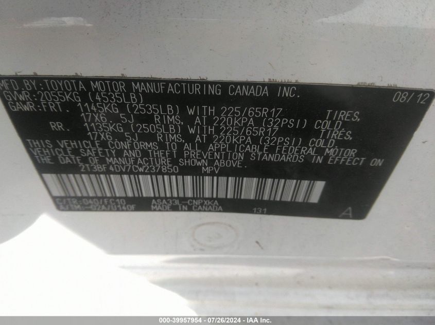 2012 Toyota Rav4 VIN: 2T3BF4DV7CW237850 Lot: 39957954