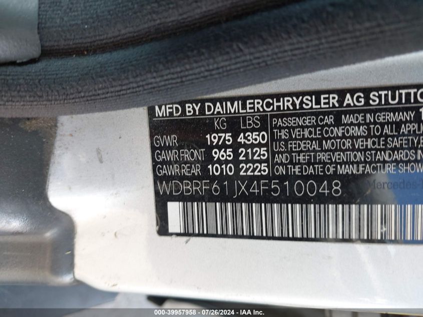 2004 Mercedes-Benz C 240 VIN: WDBRF61JX4F510048 Lot: 39957958