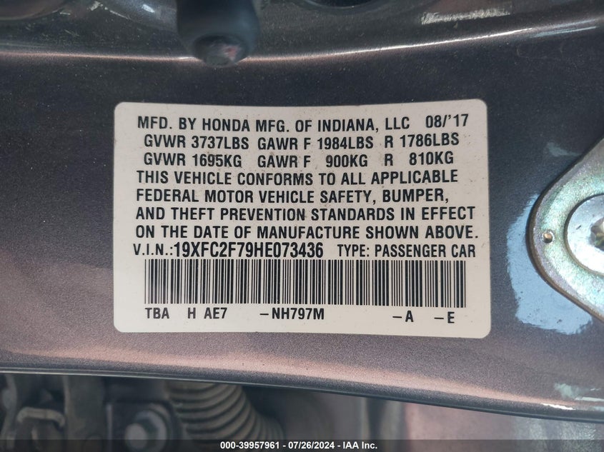2017 HONDA CIVIC EX - 19XFC2F79HE073436
