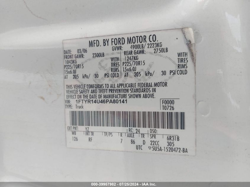 2006 Ford Ranger Sport/Stx/Xl/Xlt VIN: 1FTYR14U46PA80141 Lot: 39957982