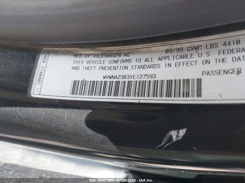 2000 Volkswagen Passat Gls VIN: WVWNA23B3YE127593 Lot: 39957990