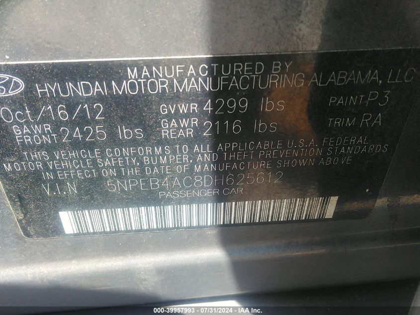 5NPEB4AC8DH625612 2013 Hyundai Sonata Gls