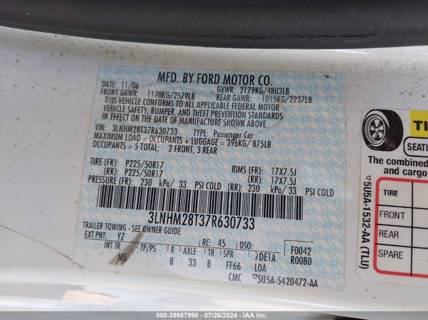 2007 Lincoln Mkz VIN: 3LNHM28T37R630733 Lot: 39957998