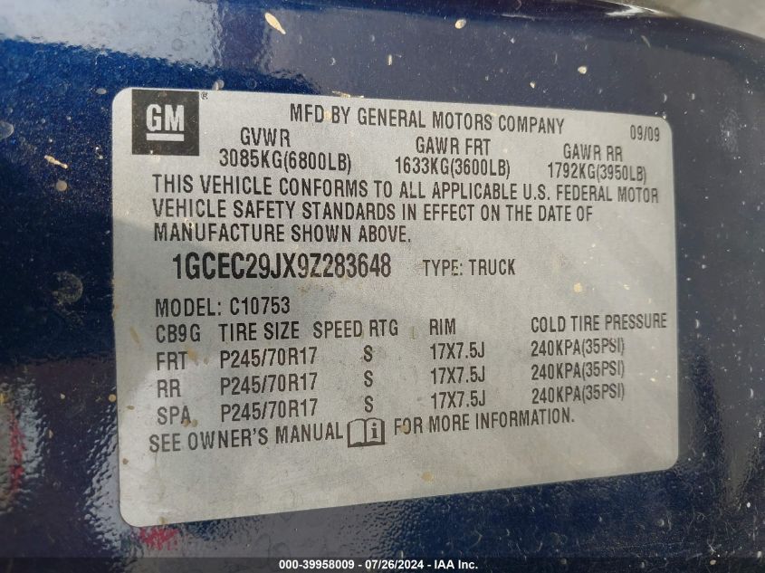 2009 Chevrolet Silverado 1500 Lt VIN: 1GCEC29JX9Z283648 Lot: 39958009