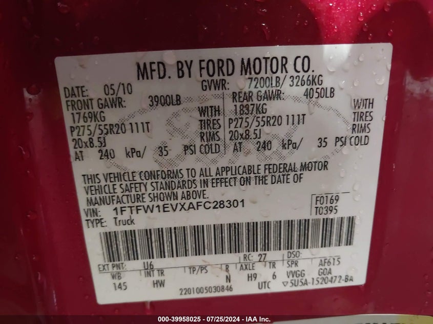 2010 Ford F-150 Fx4/Harley-Davidson/King Ranch/Lariat/Platinum/Xl/Xlt VIN: 1FTFW1EVXAFC28301 Lot: 39958025