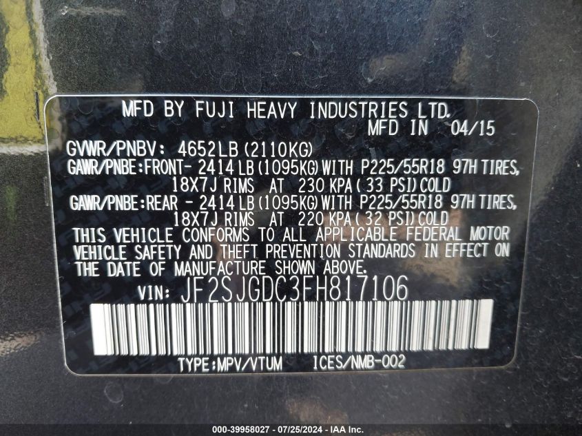 2015 Subaru Forester 2.0Xt Premium VIN: JF2SJGDC3FH817106 Lot: 39958027