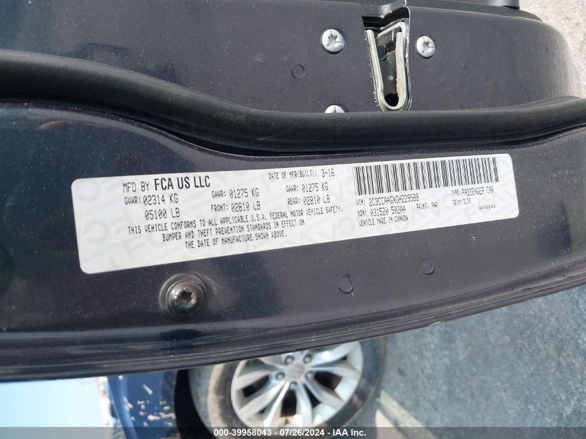 2016 Chrysler 300 Limited VIN: 2C3CCAAGXGH229589 Lot: 39958043