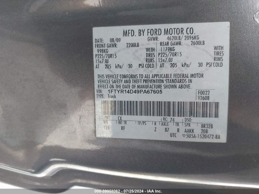 2009 Ford Ranger Xl/Xlt VIN: 1FTYR14D49PA67605 Lot: 39958062