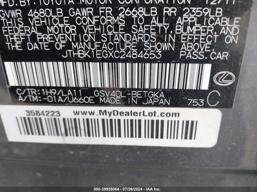 2012 Lexus Es 350 VIN: JTHBK1EGXC2484653 Lot: 39958064