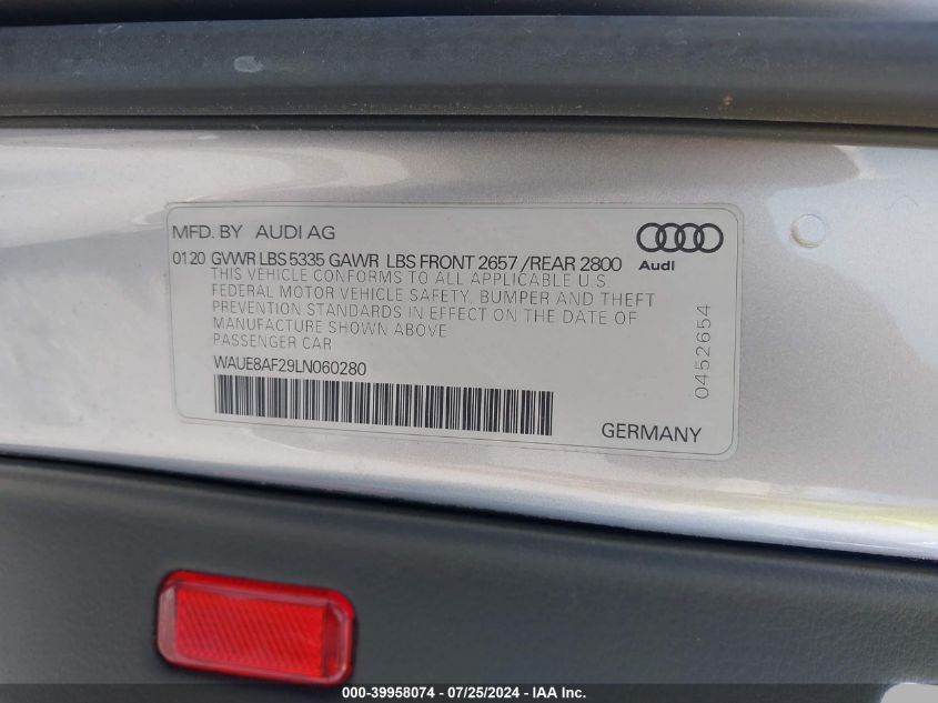 2020 Audi A6 Premium Plus 45 Tfsi Quattro S Tronic VIN: WAUE8AF29LN060280 Lot: 39958074