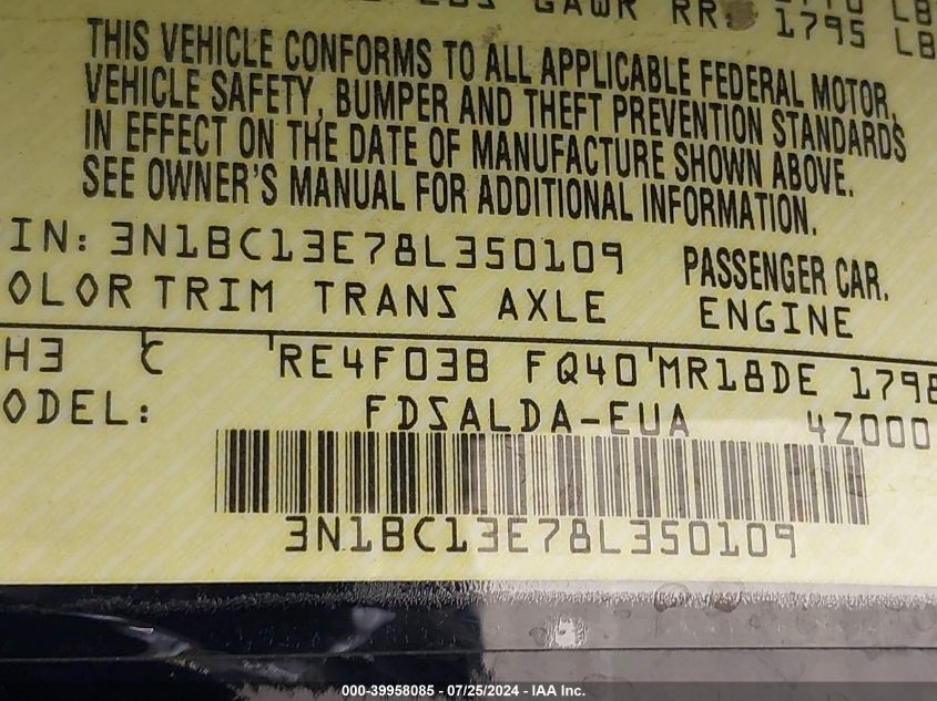 2008 Nissan Versa 1.8S VIN: 3N1BC13E78L350109 Lot: 39958085