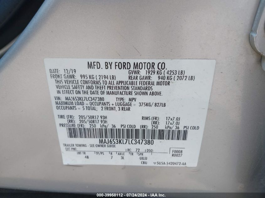 2020 Ford Ecosport Titanium VIN: MAJ6S3KL7LC347380 Lot: 39958112