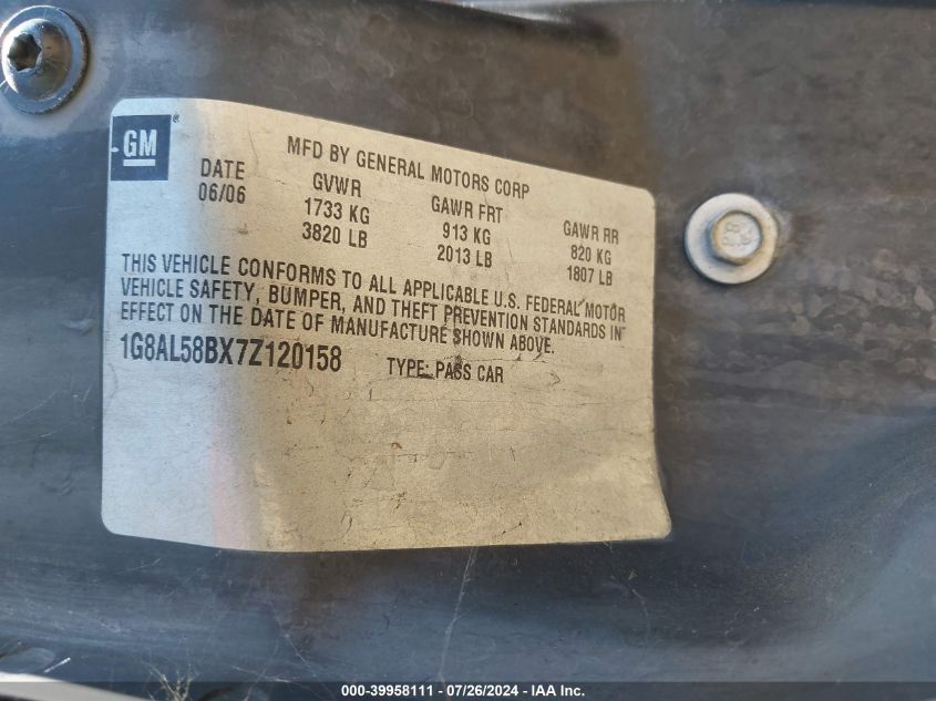 2007 Saturn Ion Level 3 VIN: 1G8AL58BX7Z120158 Lot: 39958111