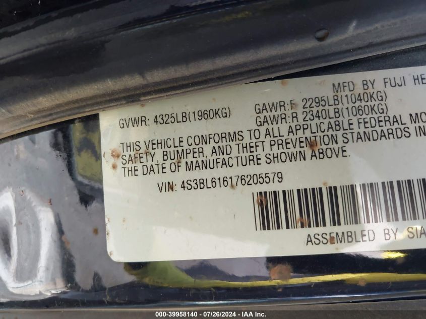 2007 Subaru Legacy 2.5I VIN: 4S3BL616176205579 Lot: 39958140