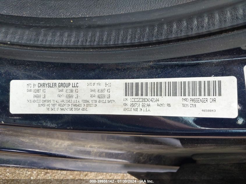 2012 Dodge Avenger Sxt VIN: 1C3CDZCB9CN142104 Lot: 39958142