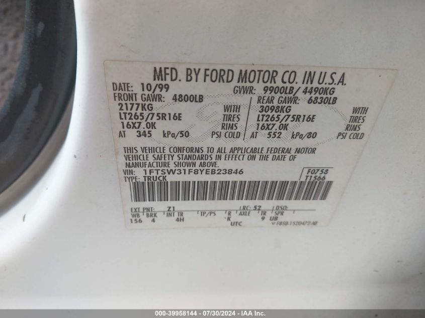 2000 Ford F-350 Lariat/Xl/Xlt VIN: 1FTSW31F8YEB23846 Lot: 39958144