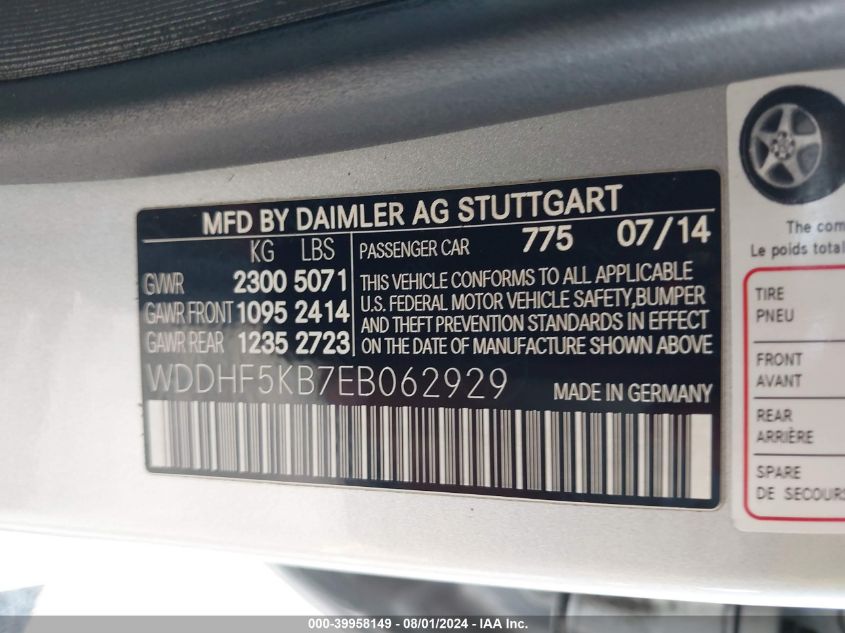 2014 Mercedes-Benz E 350 VIN: WDDHF5KB7EB062929 Lot: 39958149