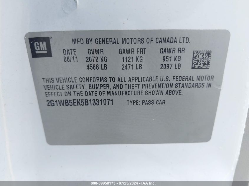 2011 Chevrolet Impala Lt VIN: 2G1WB5EK5B1331071 Lot: 39958173