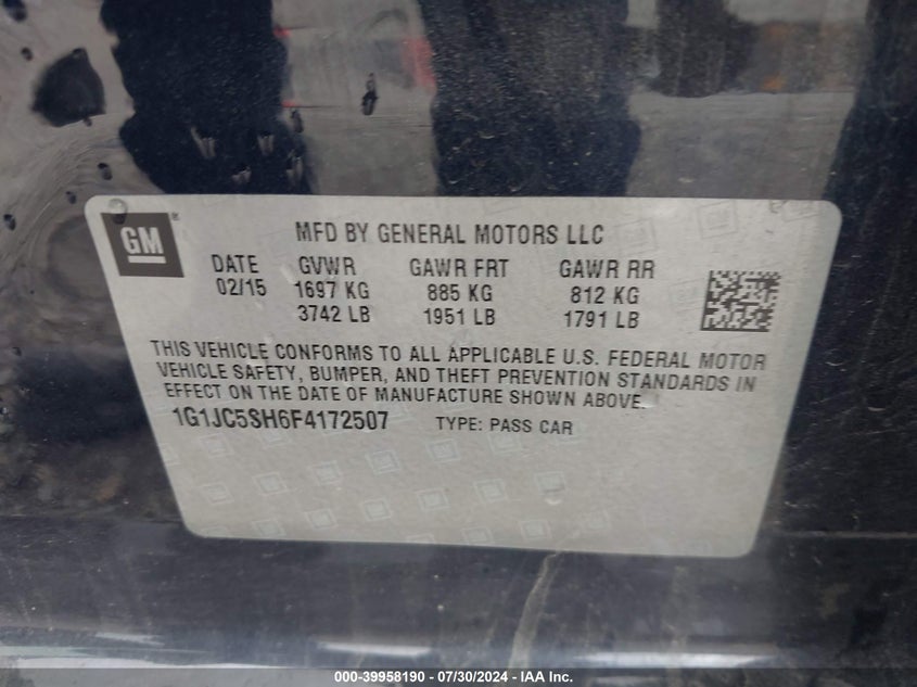 2015 Chevrolet Sonic Lt Auto VIN: 1G1JC5SH6F4172507 Lot: 39958190