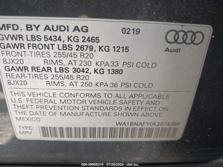 2019 Audi Q5 45 Premium VIN: WA1BNAFY0K2074369 Lot: 39958219