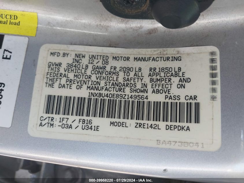 2009 Toyota Corolla Le/S/Xle VIN: 1NXBU40E89Z149564 Lot: 39958220