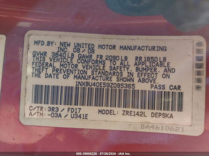 2009 Toyota Corolla S/Le/Xle VIN: 1NXBU40E59Z095365 Lot: 39958228