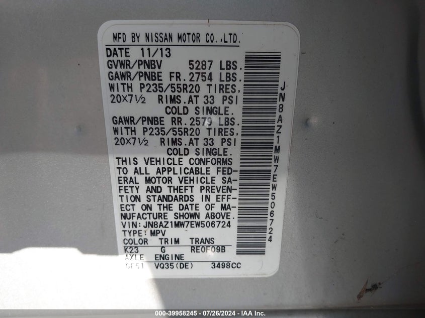 2014 Nissan Murano S/Sl/Sv/Le VIN: JN8AZ1MW7EW506724 Lot: 39958245